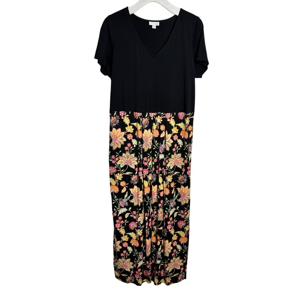 J.Jill Tradwife Modest Midi Maxi Dress Women M Black Floral Pocket Boho Cottage